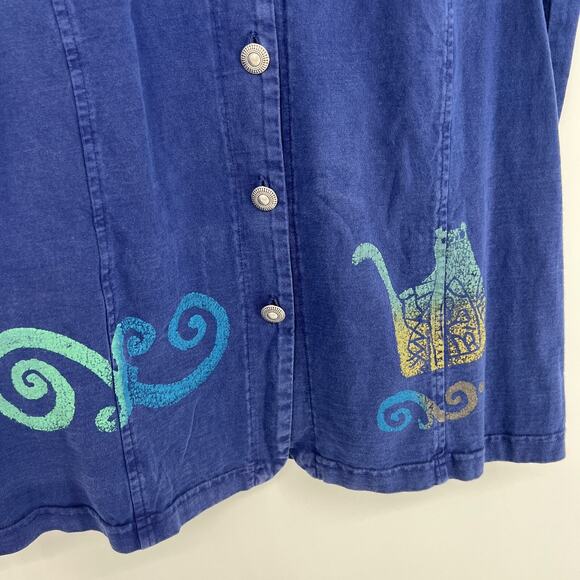 Vtg Blue Cactus Vest Womens 1X Blue Cat Lagenlook Artsy Tank Top Cottagecore - Picture 4 of 7